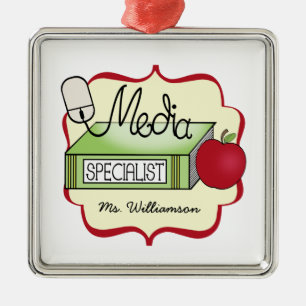 Media Specialist Book Apple & Computer Mouse Metalen Ornament