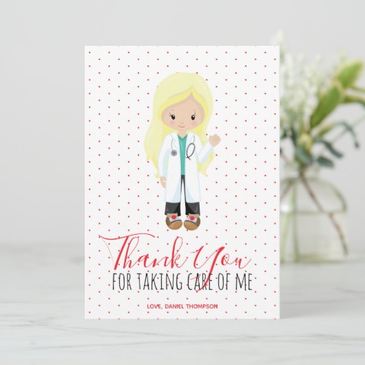 Mediane Blonde Doctor Red Typografie Polka Dot Bedankkaart (Staand voorkant)