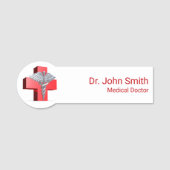 Medical 3D Caduceus Cross Red Silver Naamplaatje (Voorkant)