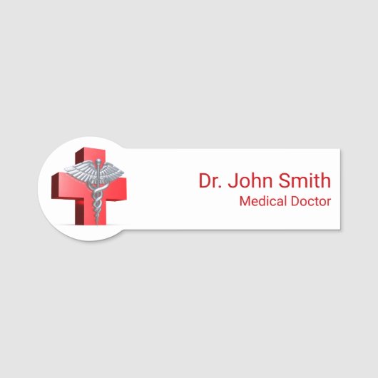 Medical 3D Caduceus Cross Red Silver Naamplaatje (Voorkant)
