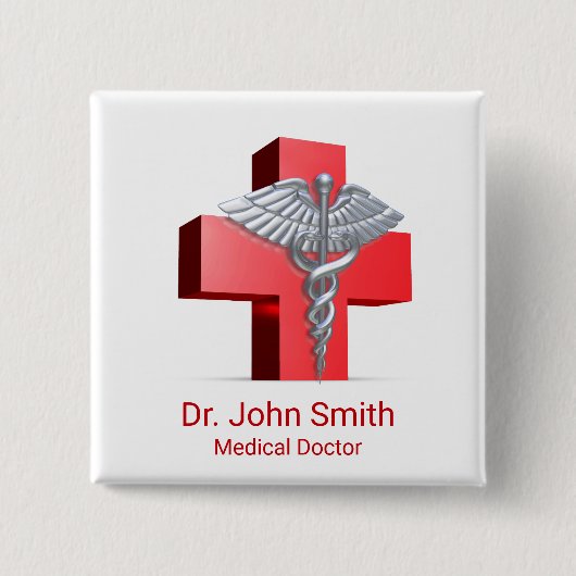 Medical 3D Caduceus Cross Red Silver Vierkante Button 5,1 Cm (Voorkant)