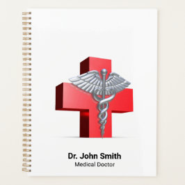 Medical 3D Caduceus Silver Cross Red Planner