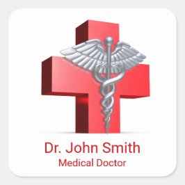 Medical 3D Caduceus Silver Cross Red Vierkante Sticker