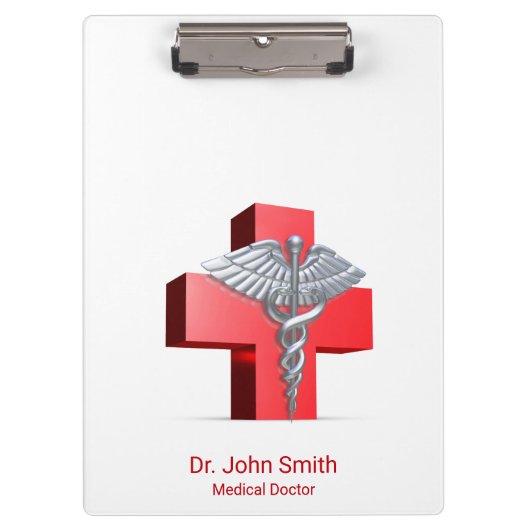 Medical 3D Silver Caduceus Cross Red Klembord (Voorkant)