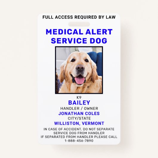 Medical Alert Service Dog Photo ID Badge (Voorkant)