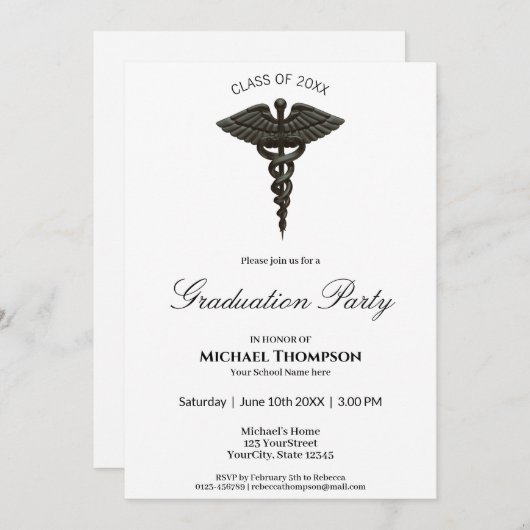 Medical Black Caduceus Noble Afstuderen Uitnodigin Kaart (Voorkant / Achterkant)