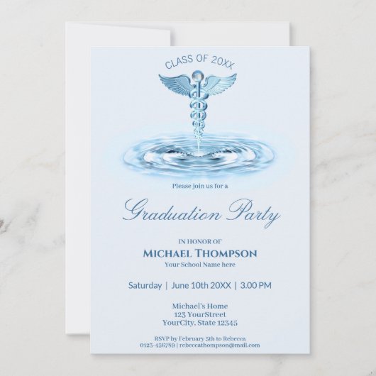 Medical Blue Caduceus Water Ripples Afstuderen Kaart (Voorkant)