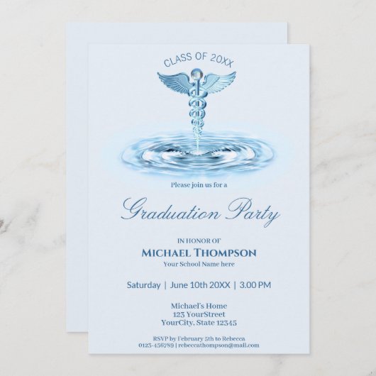 Medical Blue Caduceus Water Ripples Afstuderen Kaart (Voorkant / Achterkant)