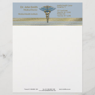 Medical Caduceus Light Blue Faux Gold Foil Stripes Briefhoofd