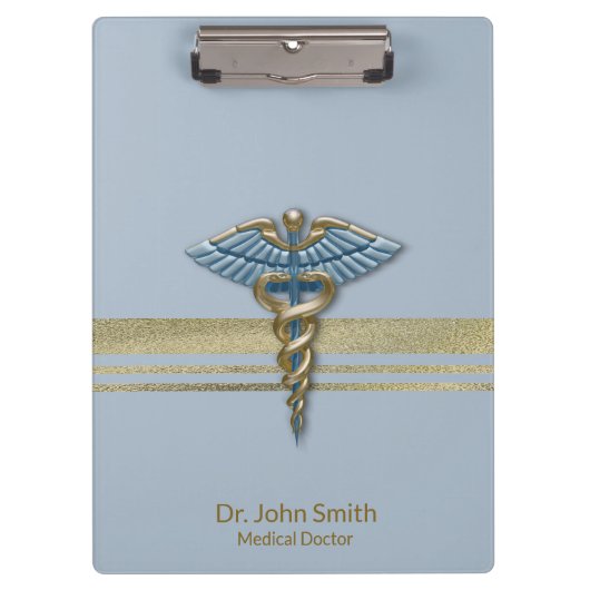 Medical Caduceus Light Blue Faux Gold Foil Stripes Klembord (Voorkant)