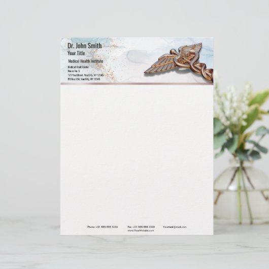 Medical Caduceus Roos Gold Luxe Marble Copper Briefhoofd (Staand voorkant)