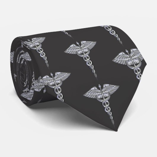 Medical Caduceus Silver Charcoal Pattern Stropdas (Opgerold)