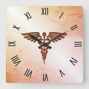Medical Caduceus w Black Roman Numerals Vierkante Klok