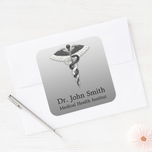 Medical Classy Noble Elegant Black White Caduceus Vierkante Sticker (Envelop)