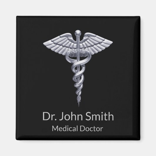 Medical Classy Silver Caduceus op Black Magneet (Voorkant)