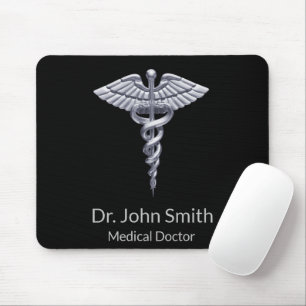 Medical Classy Silver Caduceus op Black Muismat