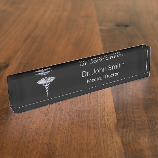 Medical Classy Silver Caduceus op Black Naambordje (Zijkant)