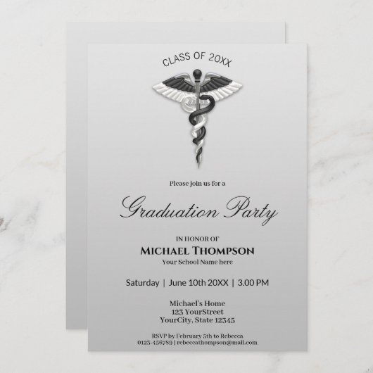 Medical Elegant Black White Caduceus Afstuderen Kaart (Voorkant / Achterkant)