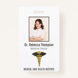 Medical Elegant Gold Caduceus Black Wings Foto ID Badge