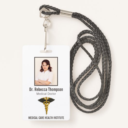 Medical Elegant Gold Caduceus Black Wings Foto ID Badge (Voorkant met draagriem)