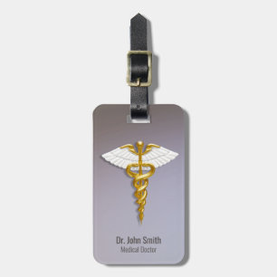 Medical Elegant Gold Caduceus White Wings Bagagelabel