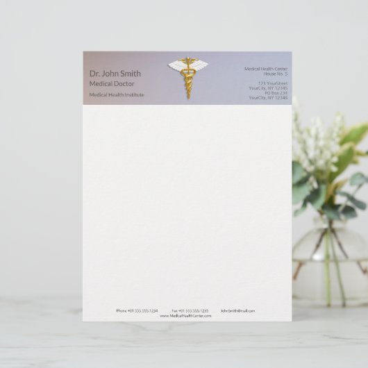 Medical Elegant Gold Caduceus White Wings Briefhoofd (Staand voorkant)