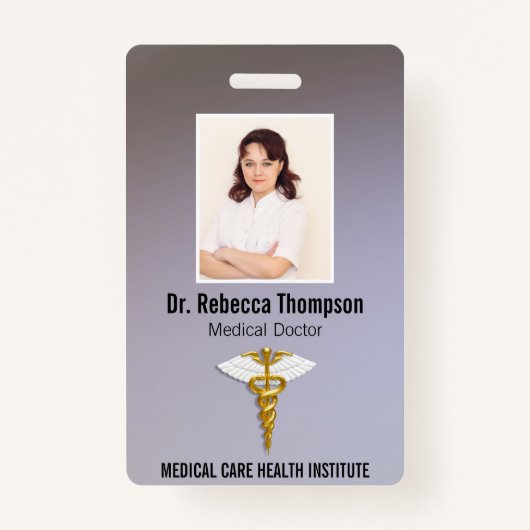 Medical Elegant Gold Caduceus White Wings Foto ID Badge (Voorkant)