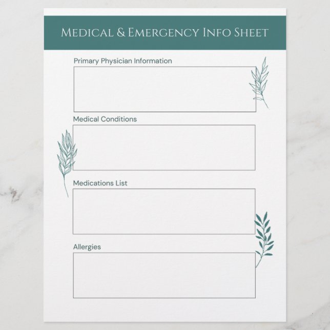 Medical & Emergency Info Sheet Briefhoofd (Voorkant)