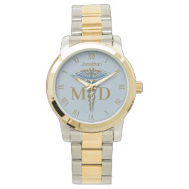 Medical Gold Blue Caduceus Medical Doctor MD Horloge