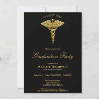 Medical Gold Caduceus Black Afstuderen Uitnodiging