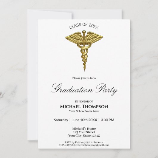 Medical Gold Caduceus White Afstuderen Uitnodiging (Voorkant)