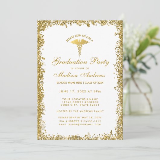 Medical Gold Glitter Gradution Party Invite Kaart (Staand voorkant)