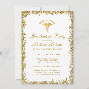 Medical Gold Glitter Gradution Party Invite Kaart