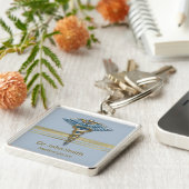 Medical Light Blue Caduceus Faux Gold Foil Stripes Sleutelhanger (Zijkant)