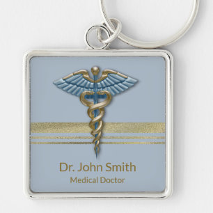 Medical Light Blue Caduceus Faux Gold Foil Stripes Sleutelhanger