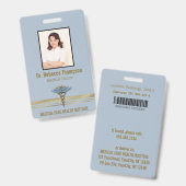 Medical Light Blue Caduceus Gold Foil Stripes ID Badge (Front & Back)