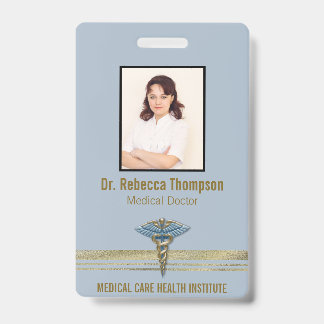 Medical Light Blue Caduceus Gold Foil Stripes ID Badge
