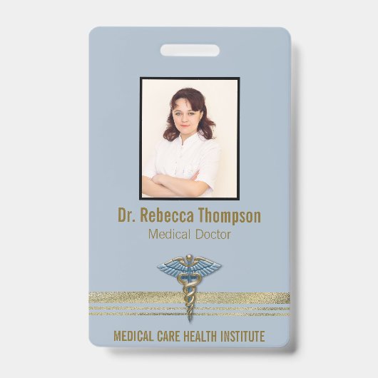 Medical Light Blue Caduceus Gold Foil Stripes ID Badge (Front)