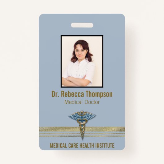 Medical Light Blue Caduceus Gold Foil Stripes ID Badge (Voorkant)