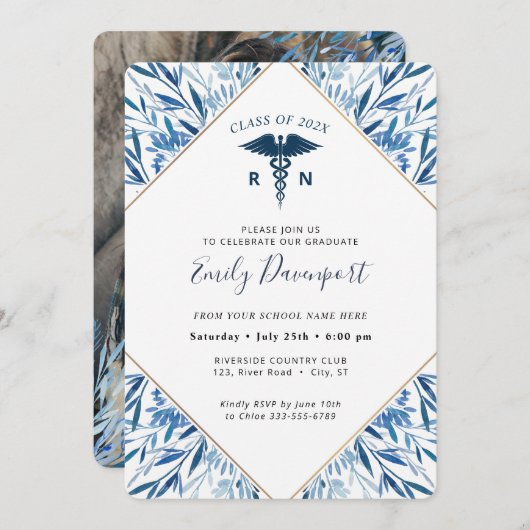Medical Logo Blue Afstuderen Invitation Greenery Kaart (Voorkant / Achterkant)