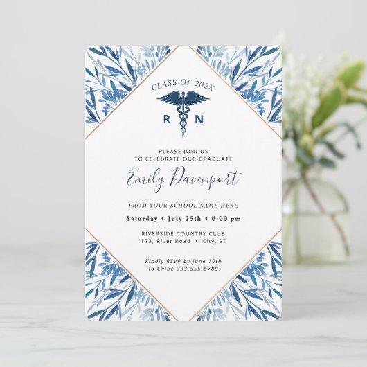 Medical Logo Blue Afstuderen Invitation Greenery Kaart (Staand voorkant)