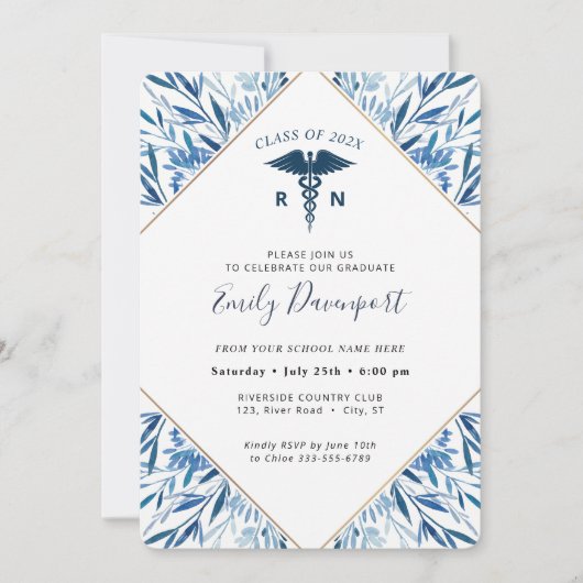 Medical Logo Blue Afstuderen Invitation Greenery Kaart (Voorkant)
