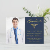 Medical Navy Blue Gold Caduceus Foto Afstuderen Aankondiging (Staand voorkant)