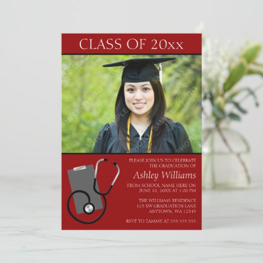 Medical Nursing School Red Photo Afstuderen Kaart (Staand voorkant)