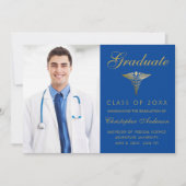 Medical Royal Blue Gold Caduceus Foto Afstuderen Aankondiging (Voorkant)