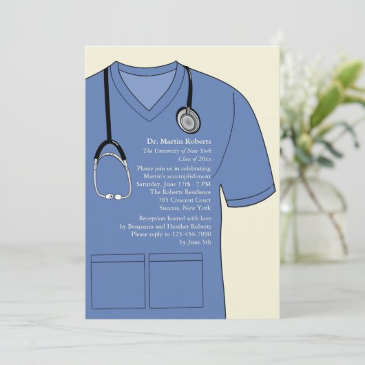 Medical scrubs Blue Afstuderen Invitation Kaart (Staand voorkant)