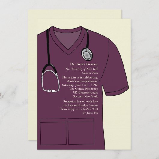 Medical Scrubs Burgundy Afstuderen Uitnodiging (Voorkant / Achterkant)