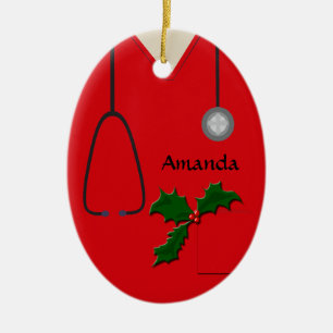 Medical Scrubs Red Holly Oval Ornament