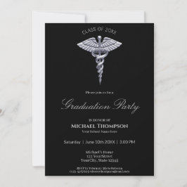 Medical Silver Caduceus Black Afstuderen Uitnodigi Kaart