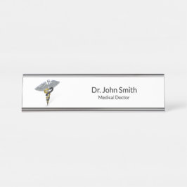 Medical Silver Caduceus Black Gold Desk Name Bord Bureau Naambordje